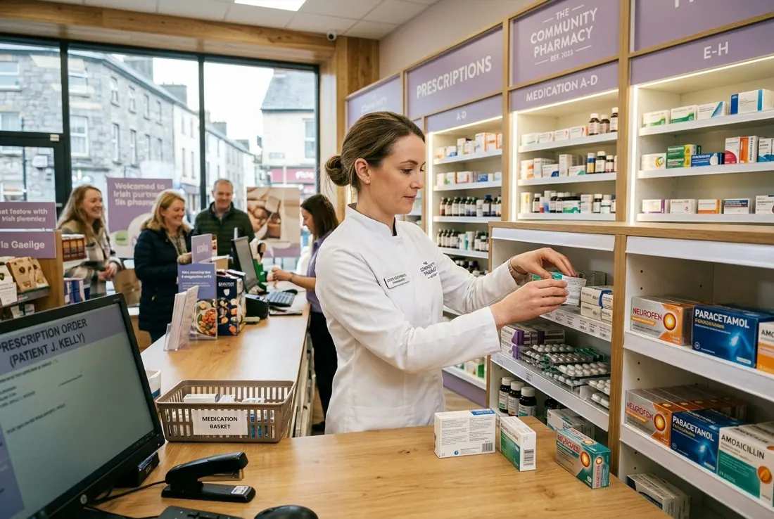 Behind the counter in a community pharmacy